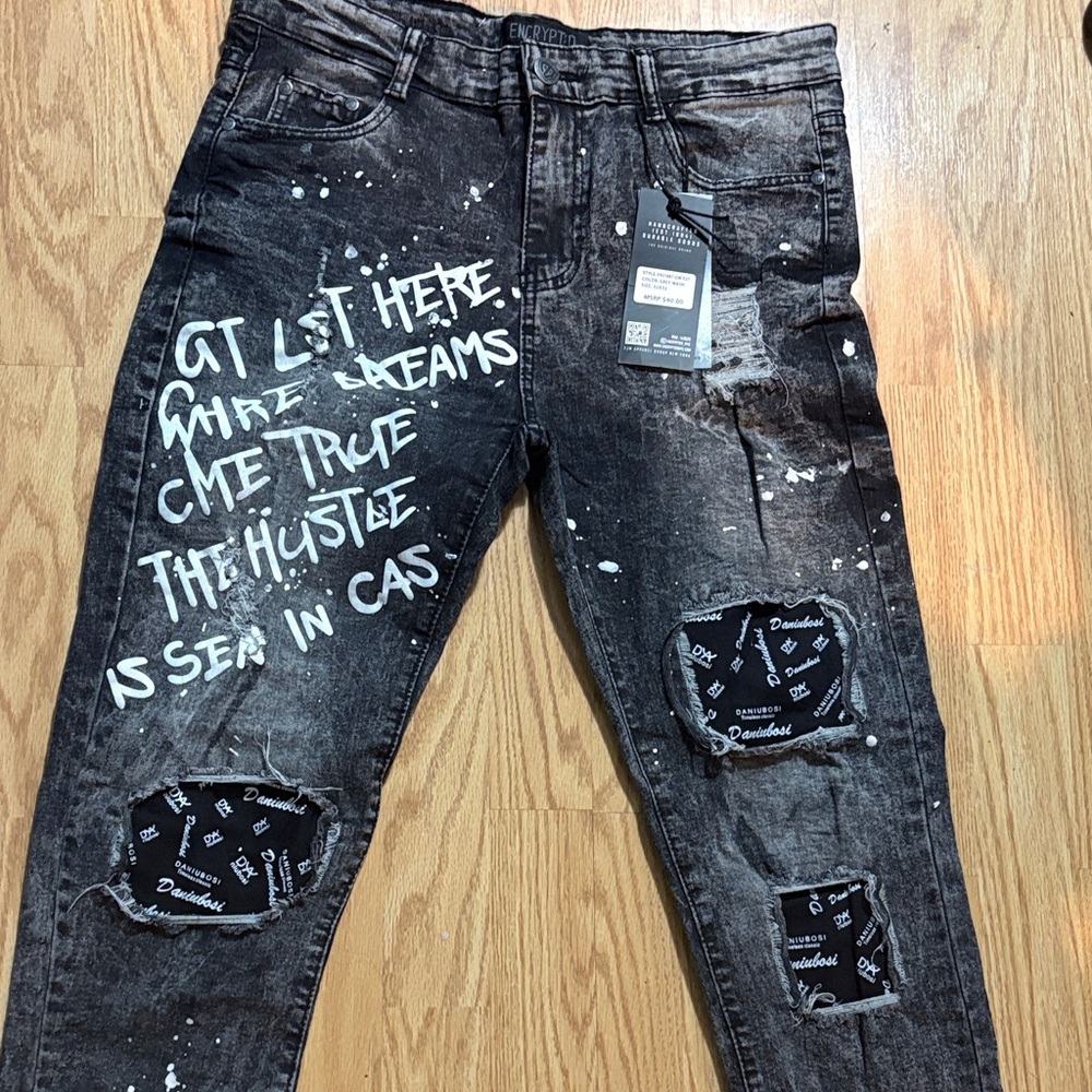 Stylish Black Denim Jeans with Graphic Design